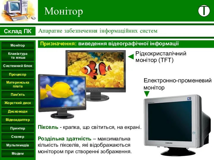 Монітор Призначення: виведення відеографічної інформації Піксель - крапка, що світиться, на