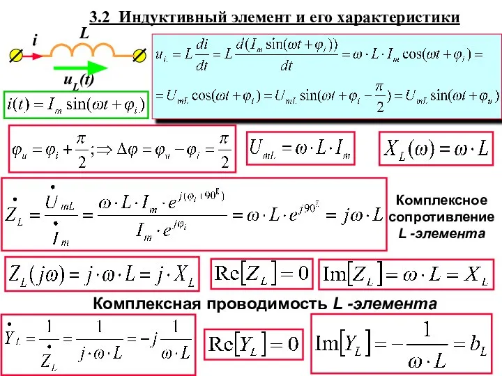 3.2 Индуктивный элемент и его характеристики Комплексное сопротивлениеL -элемента Комплексная проводимость L -элемента