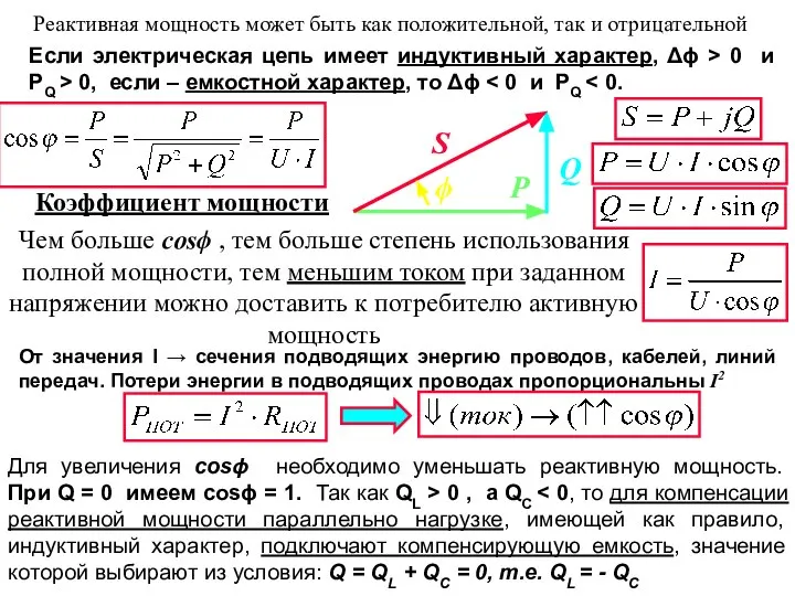 Реактивная мощность может быть как положительной, так и отрицательной Если электрическая