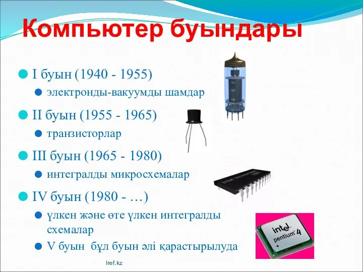 Компьютер буындары I буын (1940 - 1955) электронды-вакуумды шамдар II буын