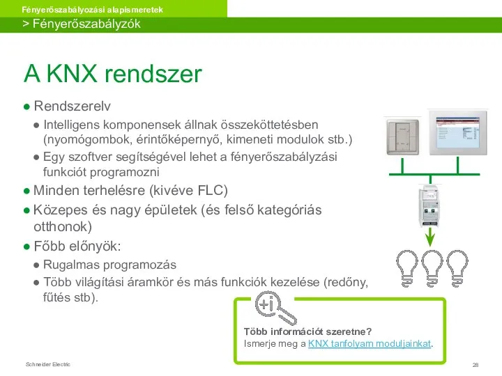 A KNX rendszer Rendszerelv Intelligens komponensek állnak összeköttetésben (nyomógombok, érintőképernyő, kimeneti