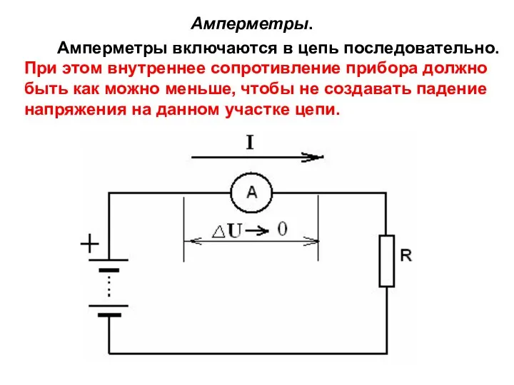 Амперметры. Амперметры включаются в цепь последовательно. При этом внутреннее сопротивление прибора