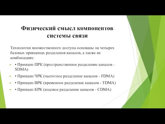 Физический смысл компонентов системы связи Технологии множественного доступа основаны на четырех