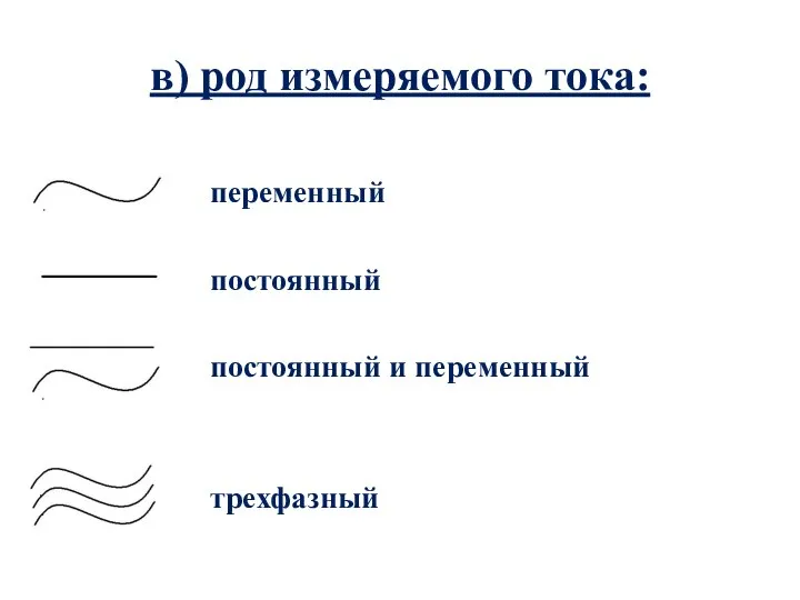 в) род измеряемого тока: переменный постоянный постоянный и переменный трехфазный