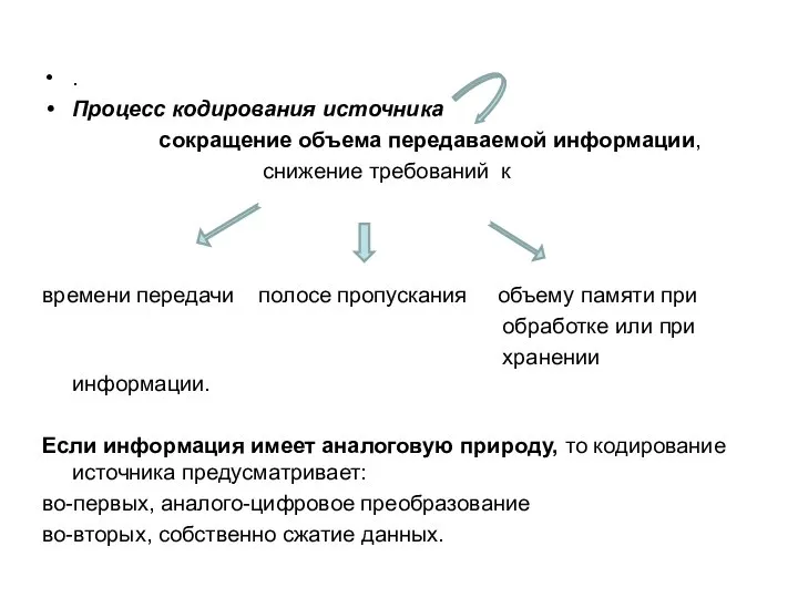 . Процесс кодирования источника сокращение объема передаваемой информации, снижение требований к