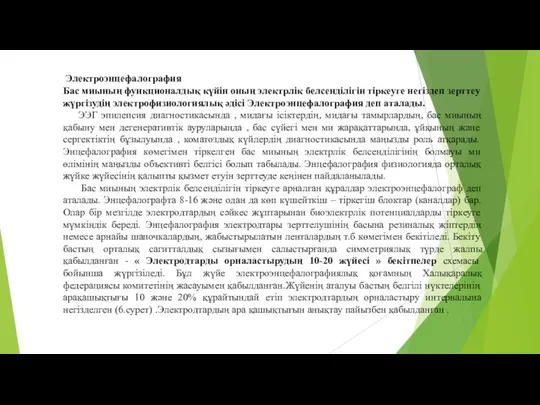 Электроэнцефалография Бас миының функционалдық күйін оның электрлік белсенділігін тіркеуге негіздеп зерттеу