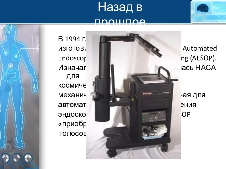 Назад в прошлое В 1994 г. компания Computer Motion изготовила первого