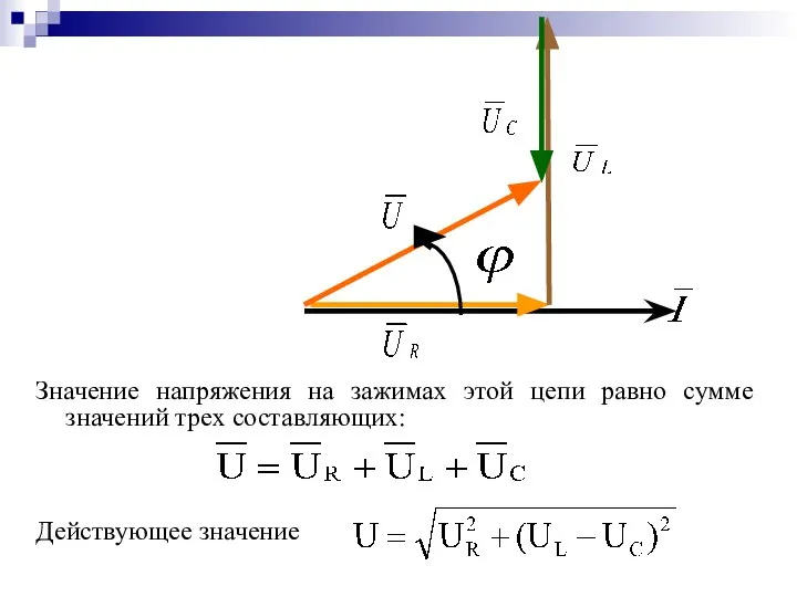 Значение напряжения на зажимах этой цепи равно сумме значений трех составляющих: Действующее значение