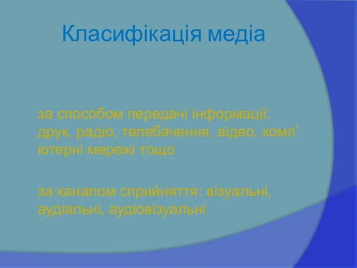 Класифікація медіа за способом передачі інформації: друк, радіо, телебачення, відео, комп’ютерні