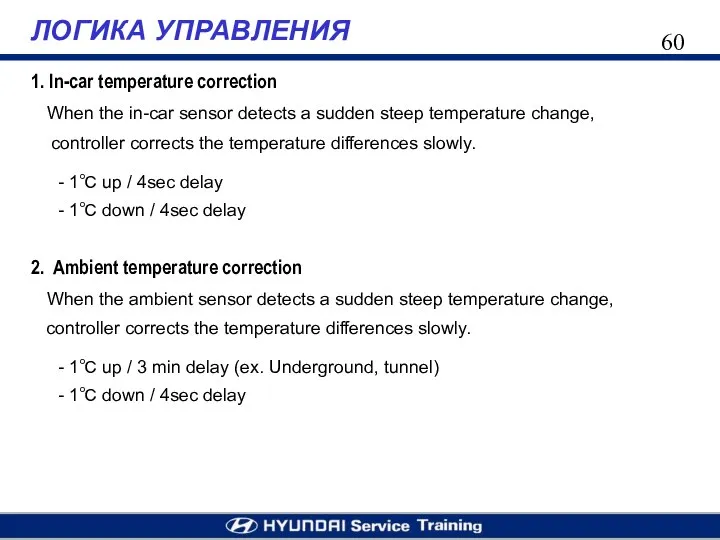 ЛОГИКА УПРАВЛЕНИЯ 1. In-car temperature correction When the in-car sensor detects