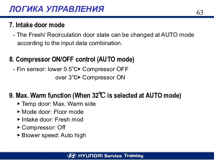 ЛОГИКА УПРАВЛЕНИЯ 7. Intake door mode - The Fresh/ Recirculation door