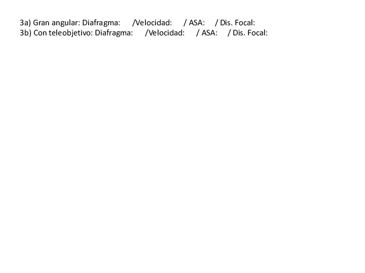 3a) Gran angular: Diafragma: /Velocidad: / ASA: / Dis. Focal: 3b)