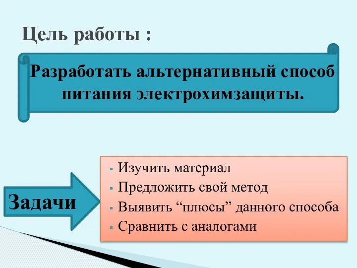 Разработать альтернативный способ питания электрохимзащиты. Изучить материал Предложить свой метод Выявить