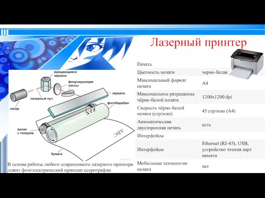 Лазерный принтер В основе работы любого современного лазерного принтера лежит фотоэлектрический принцип ксерографии.