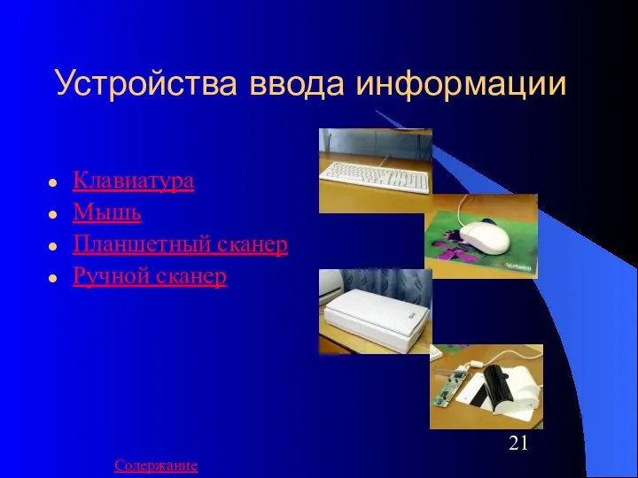 Устройства ввода информации Клавиатура Мышь Планшетный сканер Ручной сканер Содержание