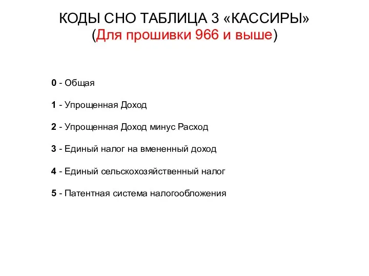 КОДЫ СНО ТАБЛИЦА 3 «КАССИРЫ» (Для прошивки 966 и выше) 0