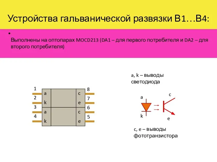 Устройства гальванической развязки В1…В4: Выполнены на оптопарах MOCD213 (DA1 – для