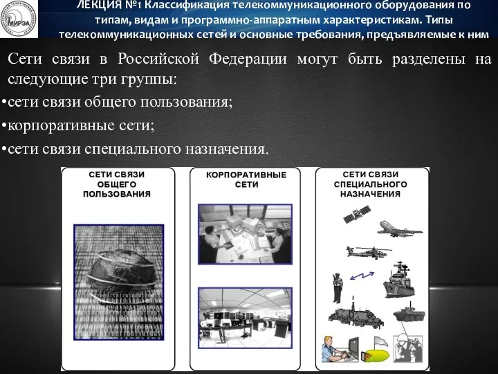 Сети связи в Российской Федерации могут быть разделены на следующие три