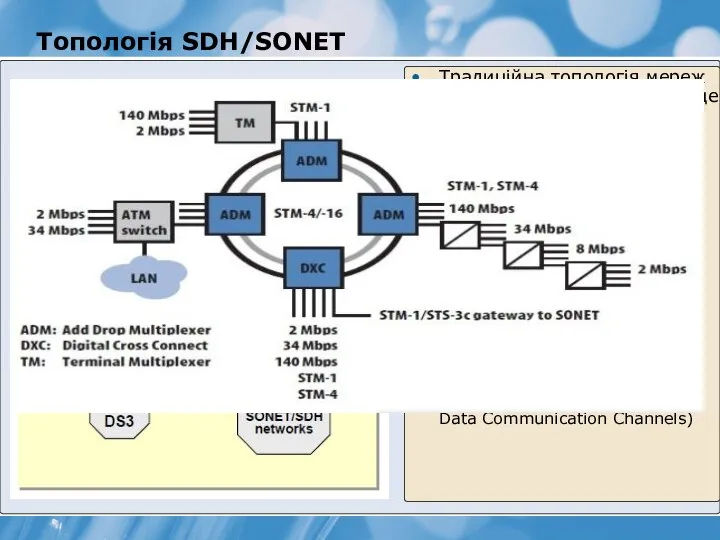 Топологія SDH/SONET Традиційна топологія мереж SDH/SONET - подвійне кільце Одне кільце