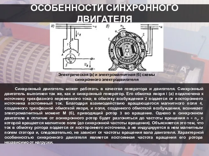 ОСОБЕННОСТИ СИНХРОННОГО ДВИГАТЕЛЯ Электрическая (а) и электромагнитная (б) схемы синхронного электродвигателя