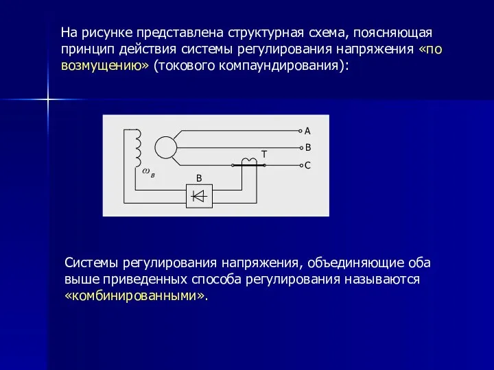 На рисунке представлена структурная схема, поясняющая принцип действия системы регулирования напряжения