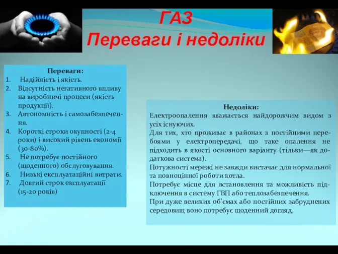 ГАЗ Переваги і недоліки Недоліки: Електроопалення вважається найдорожчим видом з усіх