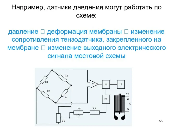 Например, датчики давления могут работать по схеме: давление ? деформация мембраны