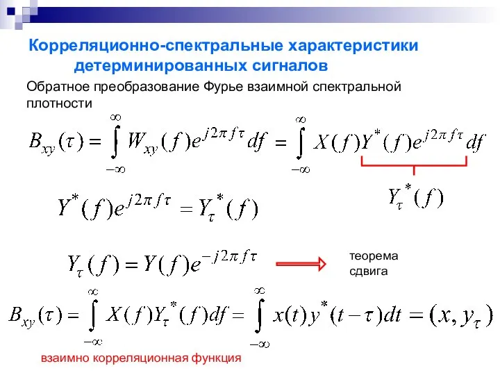 Корреляционно-спектральные характеристики детерминированных сигналов Обратное преобразование Фурье взаимной спектральной плотности теорема сдвига взаимно корреляционная функция