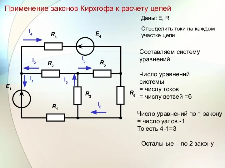 Применение законов Кирхгофа к расчету цепей I1 I4 I2 I5 I3