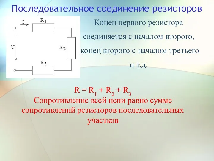 Последовательное соединение резисторов Конец первого резистора соединяется с началом второго, конец