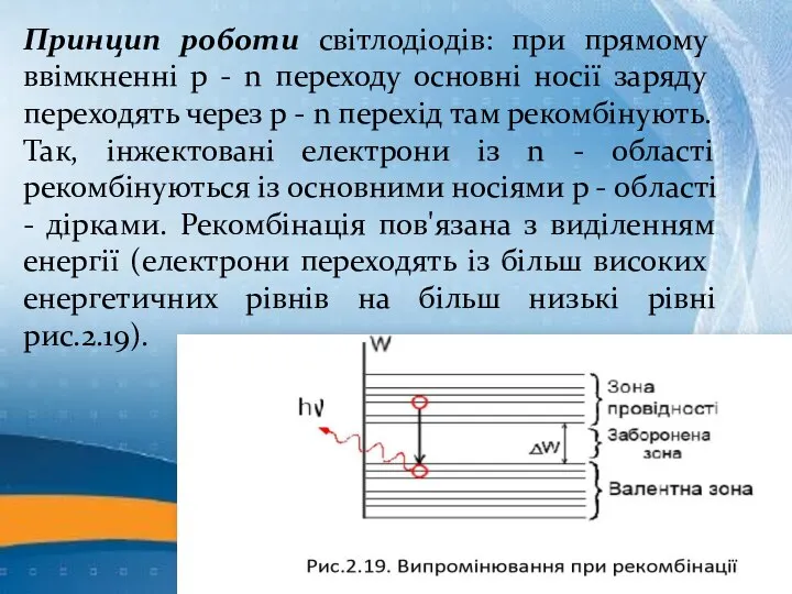 Принцип роботи світлодіодів: при прямому ввімкненні р - n пере­ходу основні