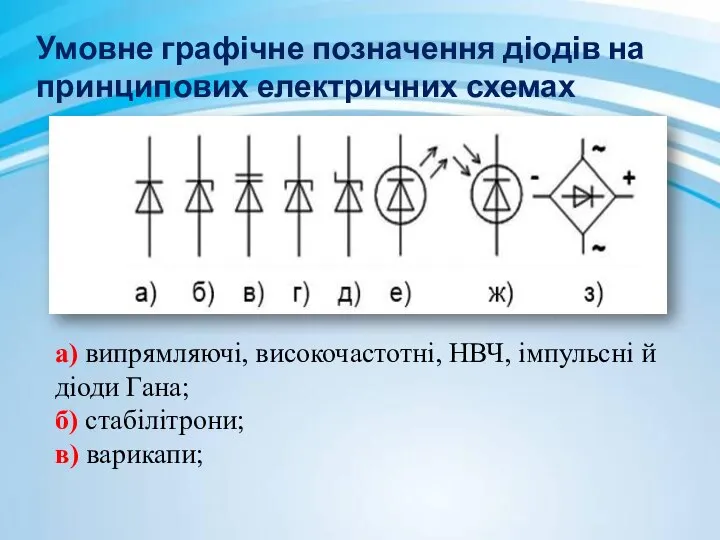 Умовне графічне позначення діодів на принципових електричних схемах а) випрямляючі, високочастотні,