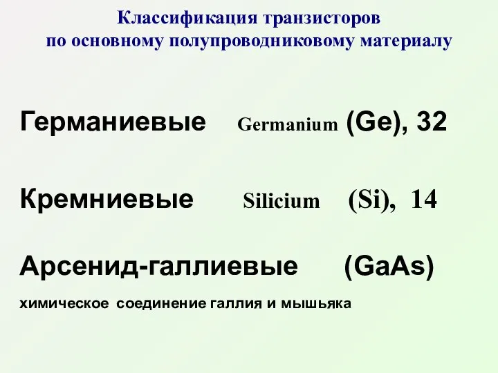 Классификация транзисторов по основному полупроводниковому материалу Германиевые Germanium (Ge), 32 Кремниевые