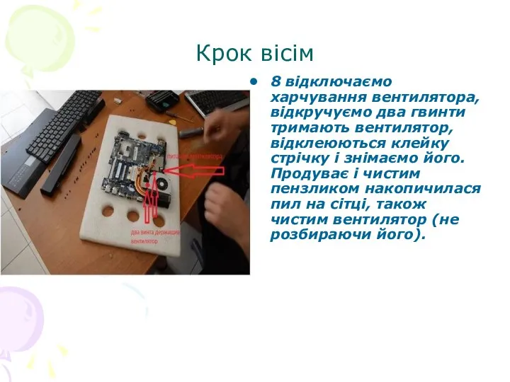 Крок вісім 8 відключаємо харчування вентилятора, відкручуємо два гвинти тримають вентилятор,