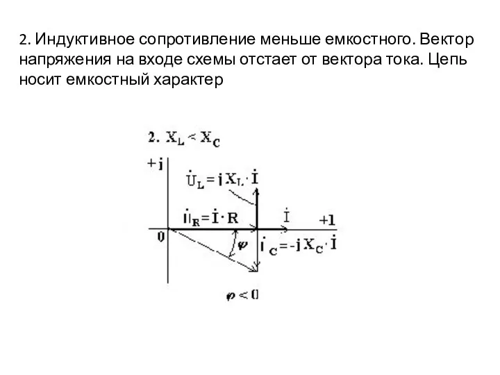 2. Индуктивное сопротивление меньше емкостного. Вектор напряжения на входе схемы отстает