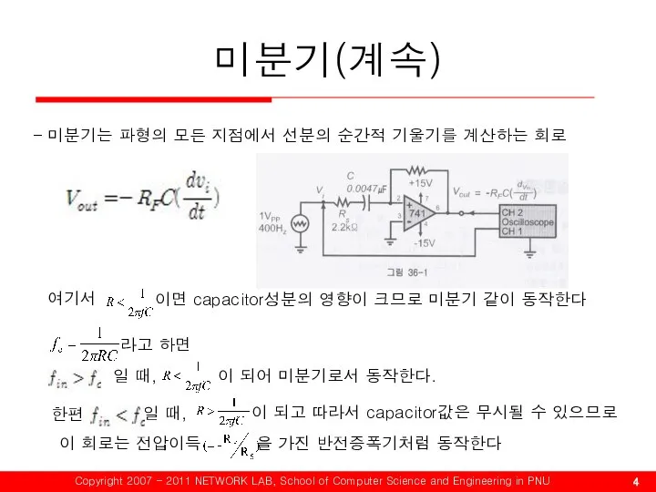 미분기(계속) 미분기는 파형의 모든 지점에서 선분의 순간적 기울기를 계산하는 회로 이면