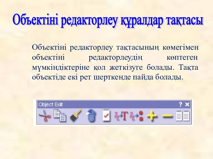 Объектіні редакторлеу тақтасының көмегімен объектіні редакторлеудің көптеген мүмкіндіктеріне қол жеткізуге болады.