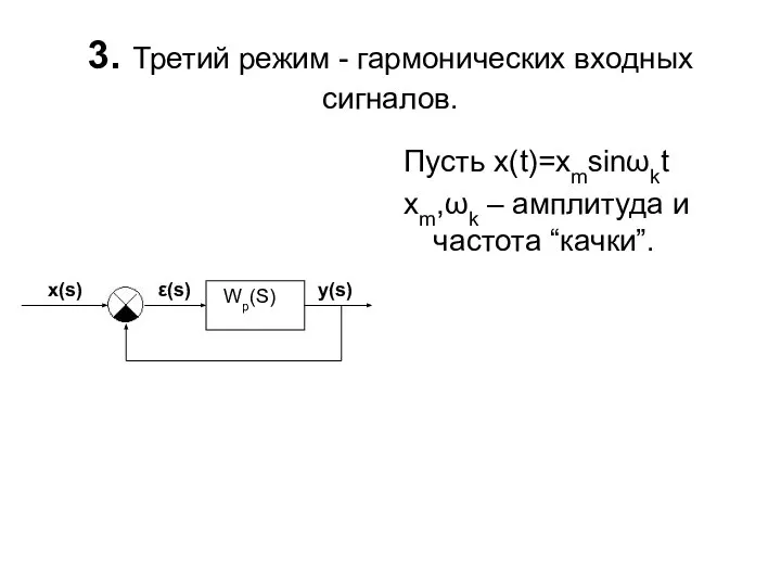 3. Третий режим - гармонических входных сигналов. Пусть x(t)=xmsinωkt xm,ωk –