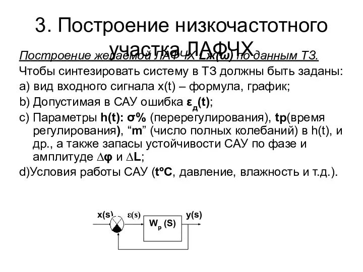 3. Построение низкочастотного участка ЛАФЧХ Построение желаемой ЛАФЧХ Lж(ω) по данным