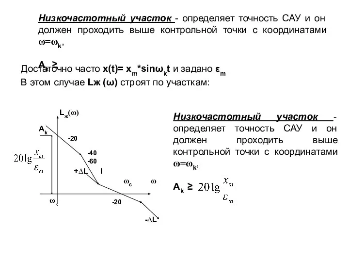 Низкочастотный участок - определяет точность САУ и он должен проходить выше