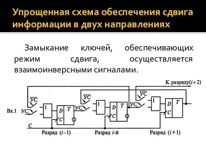 Упрощенная схема обеспечения сдвига информации в двух направлениях Замыкание ключей, обеспечивающих режим сдвига, осуществляется взаимоинверсными сигналами.