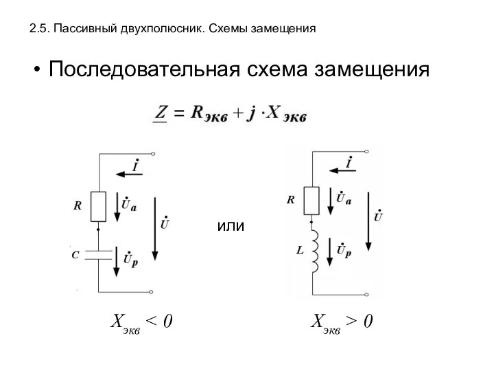 2.5. Пассивный двухполюсник. Схемы замещения Последовательная схема замещения или Xэкв 0