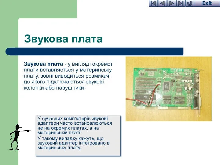 Звукова плата У сучасних комп'ютерів звукові адаптери часто встановлюються не на