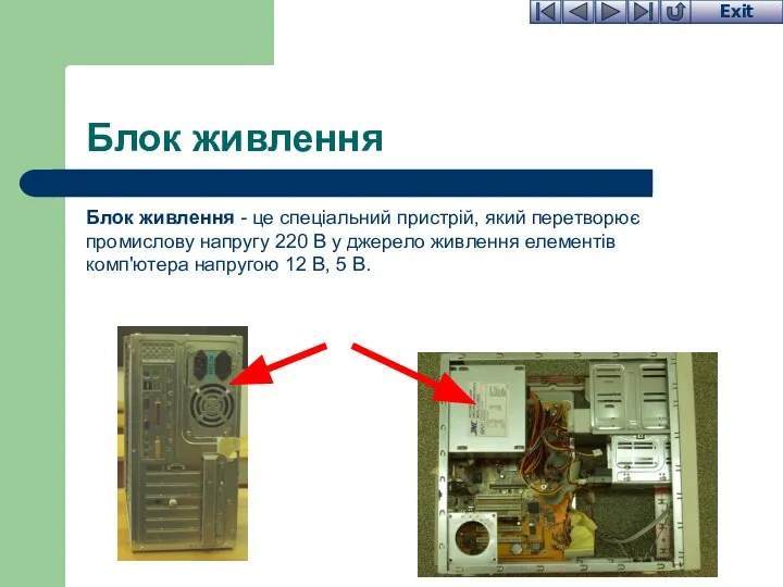 Блок живлення Блок живлення - це спеціальний пристрій, який перетворює промислову