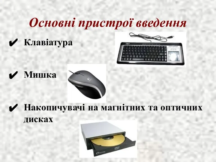 Клавіатура Мишка Накопичувачі на магнітних та оптичних дисках Основні пристрої введення
