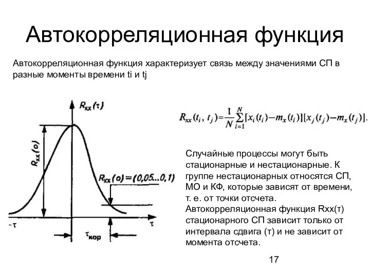 Автокорреляционная функция Автокорреляционная функция характеризует связь между значениями СП в разные