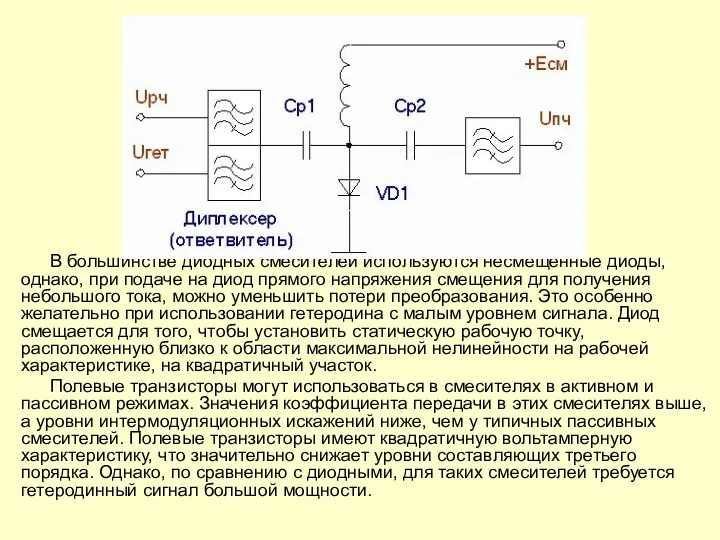 В большинстве диодных смесителей используются несмещенные диоды, однако, при подаче на