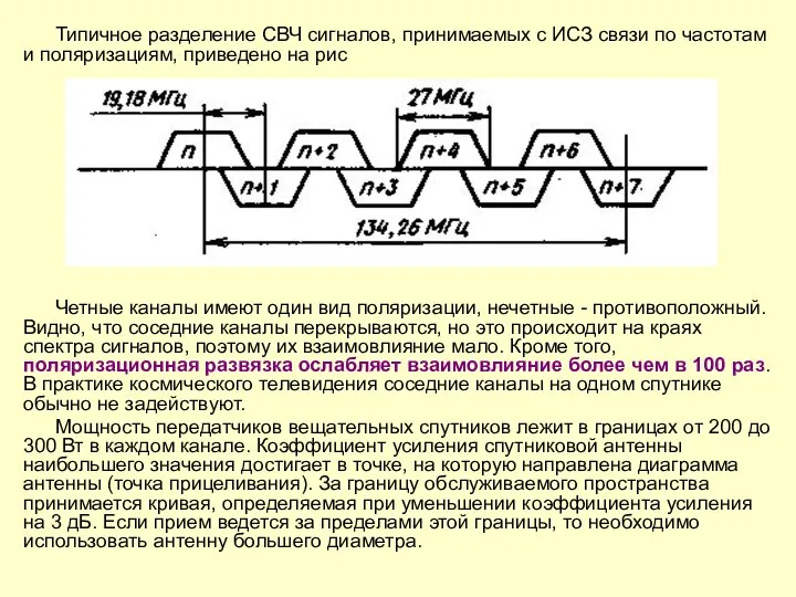 Типичное разделение СВЧ сигналов, принимаемых с ИСЗ связи по частотам и