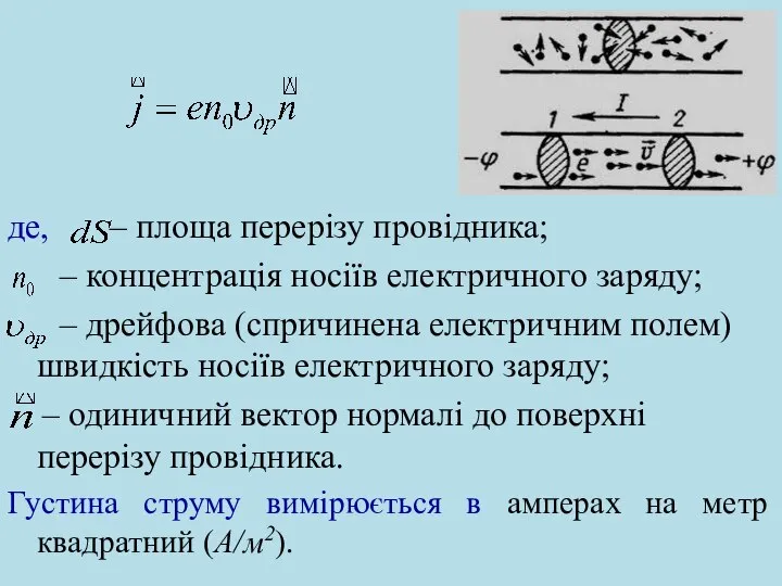 де, – площа перерізу провідника; – концентрація носіїв електричного заряду; –