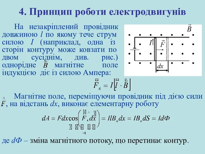 4. Принцип роботи електродвигунів На незакріплений провідник довжиною l по якому